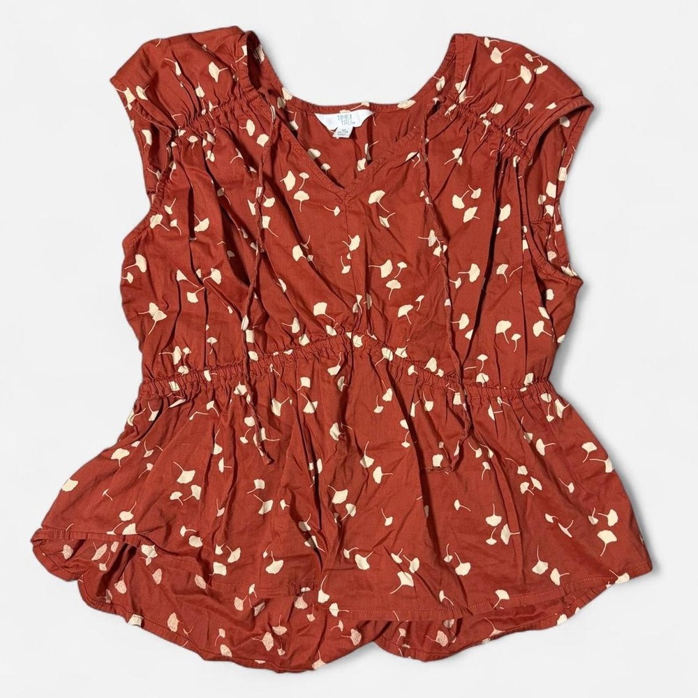 Time and Tru Womens Orange Floral Peplum Top V-Neck Ruched Blouse M 8-10